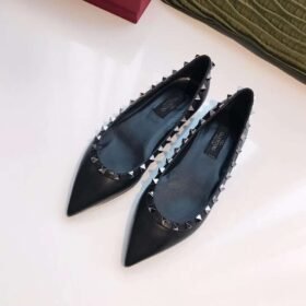 Valentino Rockstud Ballerina Flat Noir In Calf Leather