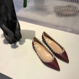 Valentino Rockstud Ballerina Flat Burgundy In Calf Leather