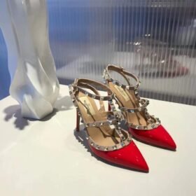 Valentino Rockstud Caged Pump 100MM Red In Patent Leather