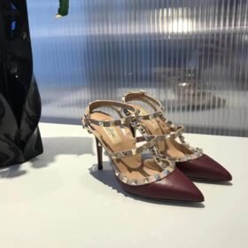 Valentino Rockstud Caged Pump 100MM Burgundy In Calf Leather