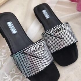 Prada Crystal-Embellished Leather Slides