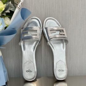 Fendi Baguette Silver Nappa Leather Slides