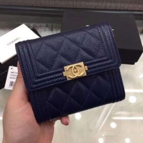 Chanel Boy Small Trifold Wallet Caviar Navy Blue