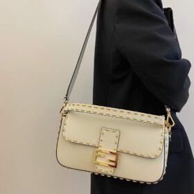 Fendi Baguette White Leather With Metal Stitch