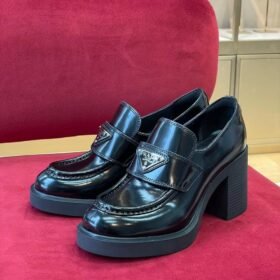 Prada High-Heeled Brushed Leather Loafers