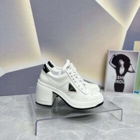 Prada Downtown High-Heeled Leather Sneakers