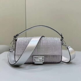 Fendi Baguette Silver Leather Bag With Crystal FF Motif